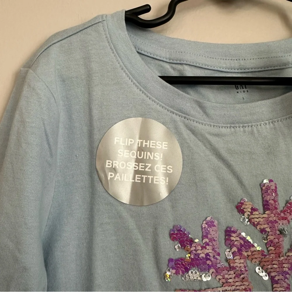 Gap Kids Blue Long Sleeve Flip Sequin Snowflake Crewneck Cotton Shirt Sz L 10
